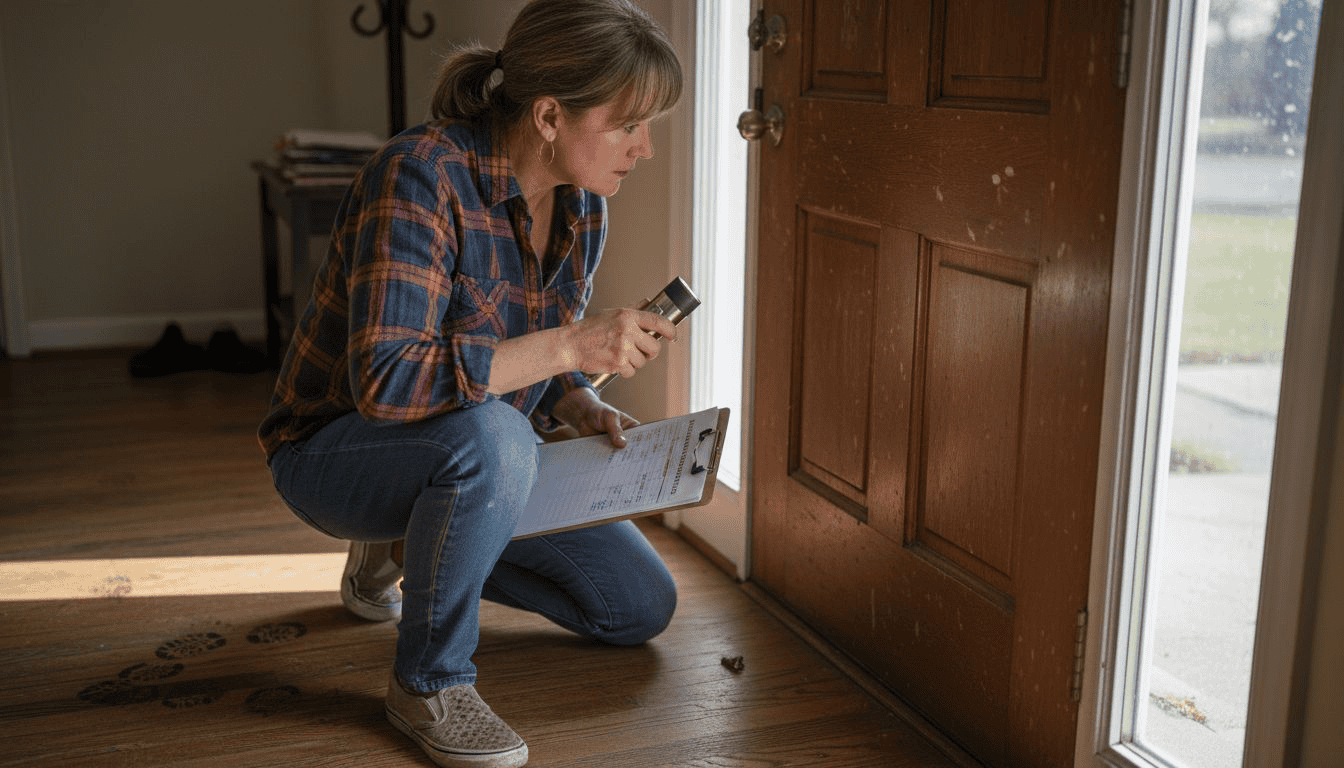 Homeowner inspecting lock at front door