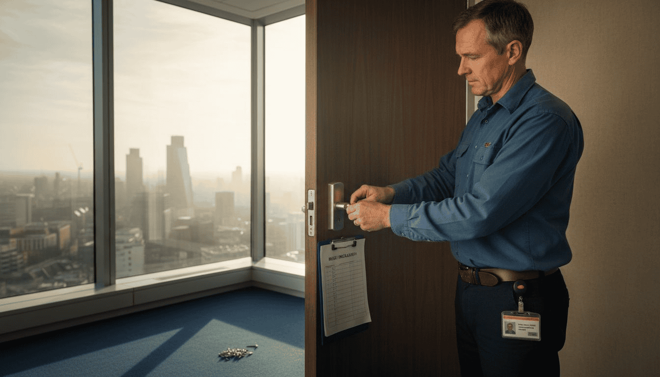 Facilities manager securing office doors with BS3621 lock installation