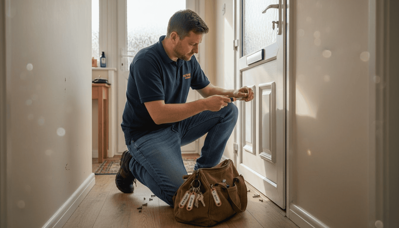 Locksmith replacing UPVC door lock in hallway