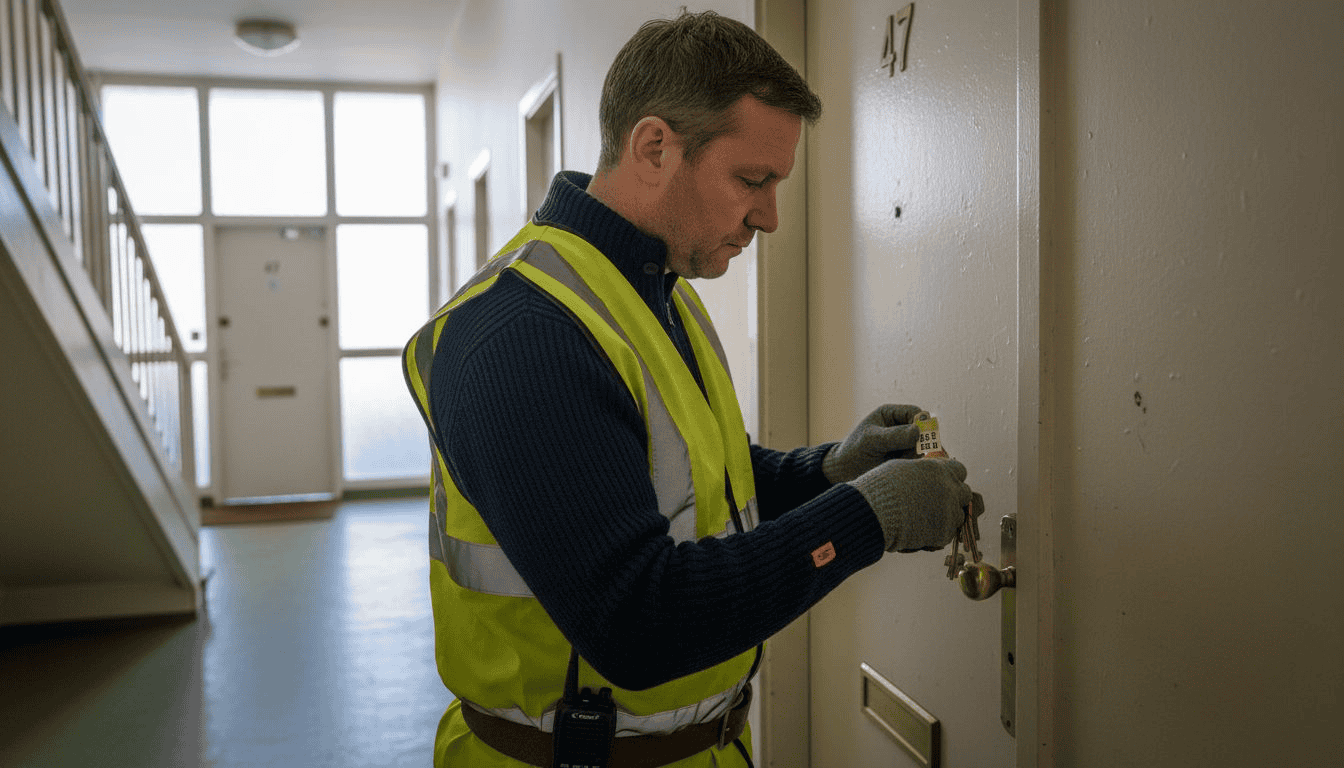 Building manager using master key in hallway