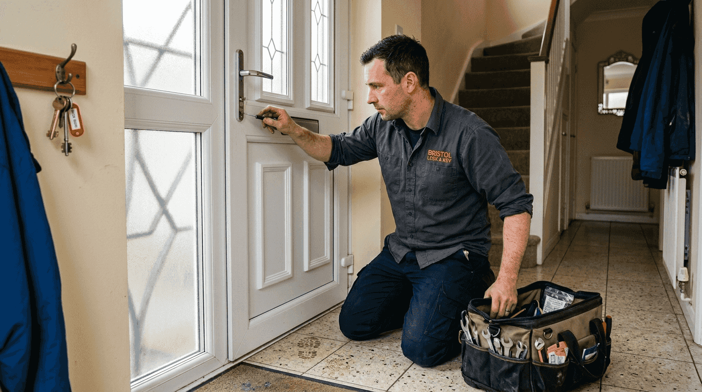 Locksmith repairing UPVC door lock in hallway