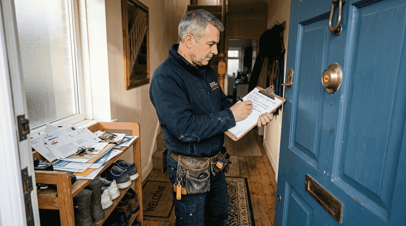 Security expert inspecting home entryway