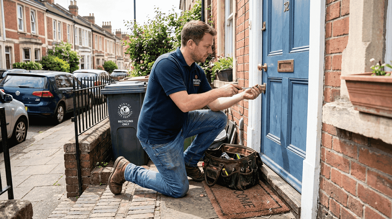 Locksmith repairing front door in Bristol street