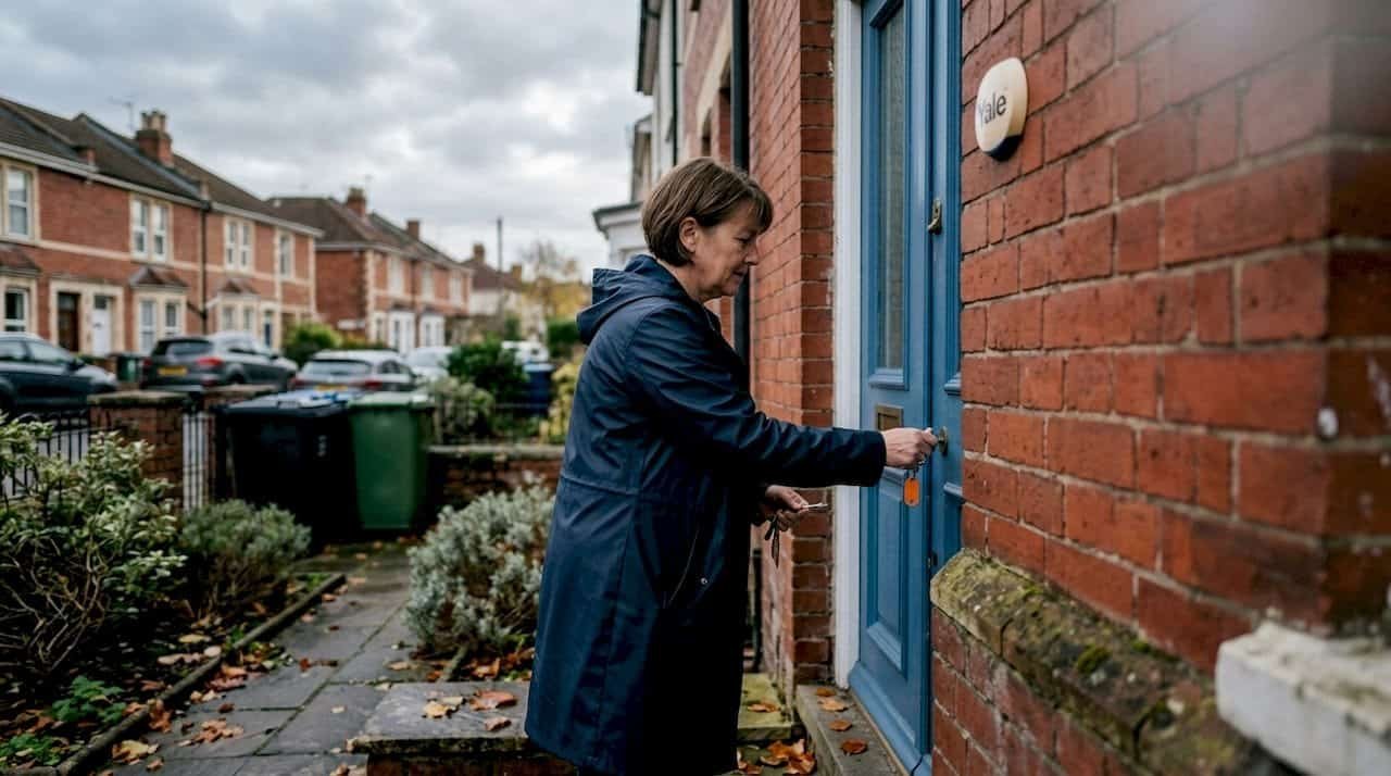 Woman locking Bristol home at dusk