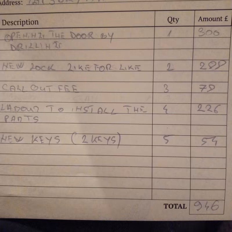 Handwritten locksmith invoice totalling &pound;946 for a euro cylinder job, showing charges for drilling the door open, two new locks, call-out fee, labour and keys