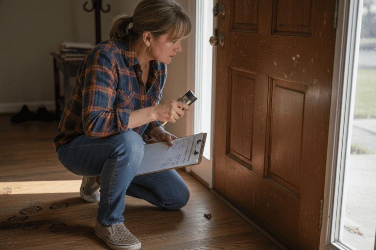 Homeowner inspecting lock at front door