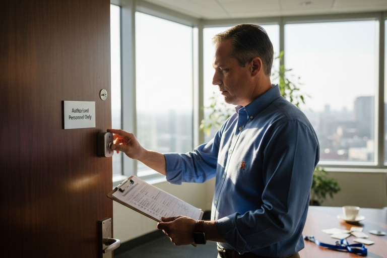 Office manager checks high-security lock installation