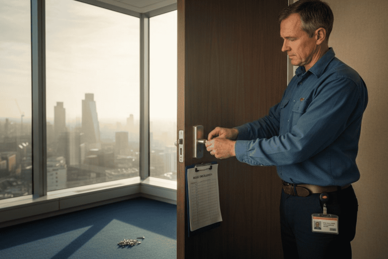 Facilities manager securing office doors with BS3621 lock installation