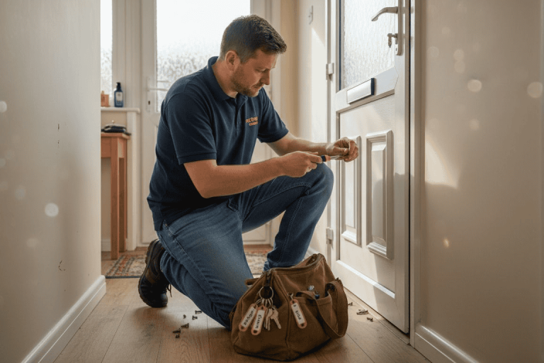 Locksmith replacing UPVC door lock in hallway