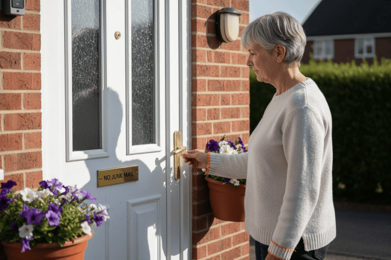 Homeowner locking white uPVC front door