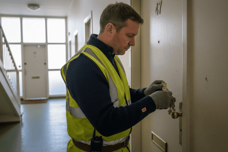 Building manager using master key in hallway