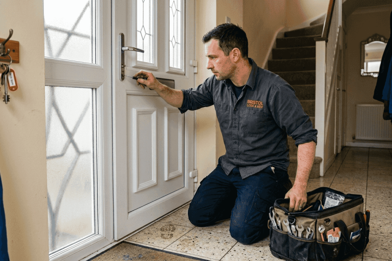 Locksmith repairing UPVC door lock in hallway
