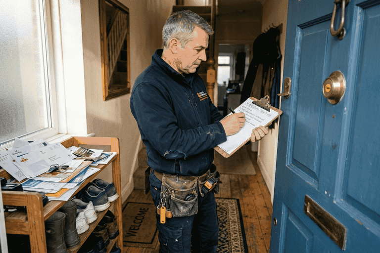 Security expert inspecting home entryway