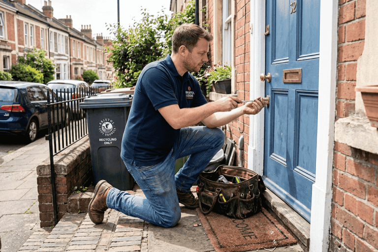 Locksmith repairing front door in Bristol street