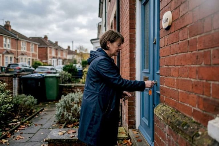 Woman locking Bristol home at dusk