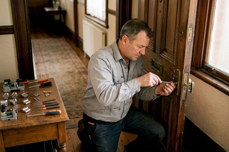 Locksmith installing new lock on home door